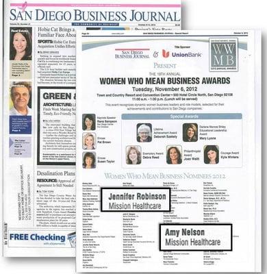 Mission Healthcare Founders, Amy Nelson and Jen Robinson are finalists in San Diego Business Journal's Women Who Mean Business A