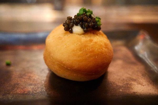 Caviar jelly donut (daurenki caviar, yuzu curd, chive)