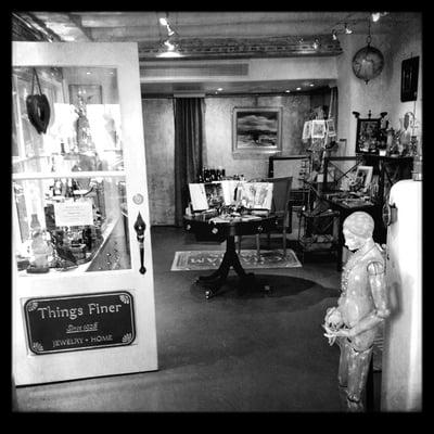 Black and white image of their front store. What a magical place