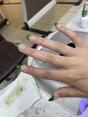 Almond shape acrylic gel nails with olive green french tip