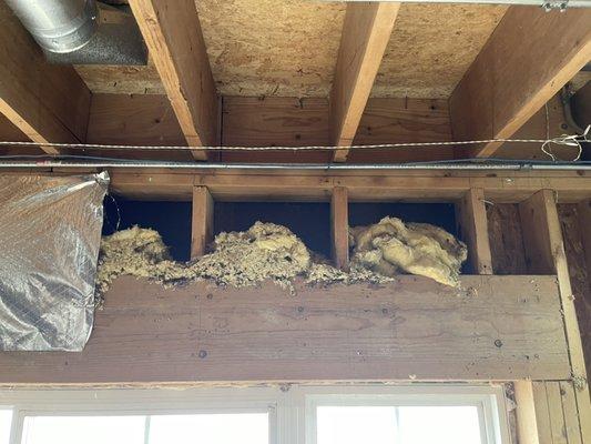 Cleaning the customers basement out found the insulation to be destroyed by Mice.