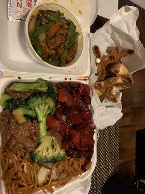 3 items with all noodles with  Spicy green bean chicken  Broccoli Beef BBQ pork  Cream cheese wontons