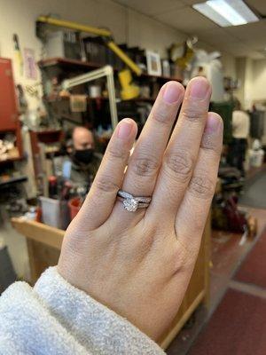 My wife's wedding and engagement ring together! Couldn't have turned out better :D  Thank you, Adam!!