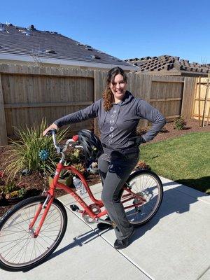 Candi on her new bike, Corabell