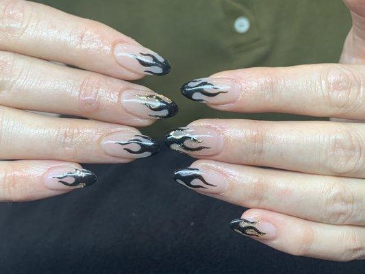 Fire nail tips with gold sparkle