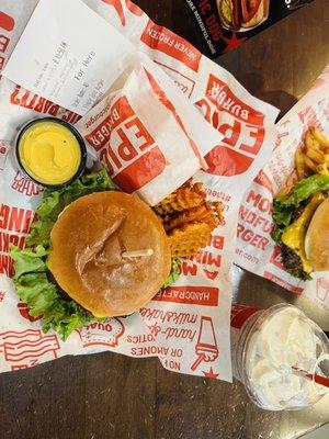 Classic burger, Sweet Potato Waffle Fries, cookies and creme shake