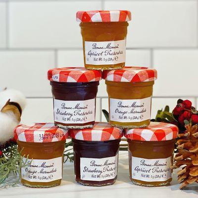 Bonne Maman preserve minis: strawberry, apricot, orange marmalade, blueberry