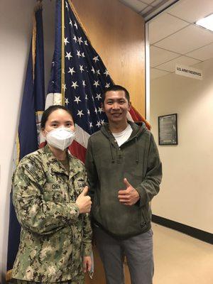 Navy Recruitor Wendy Chen and Future Sailor Gao at Navy Recruiting Station San Francisco. 670 Davis st. San Francisco,CA94111 .