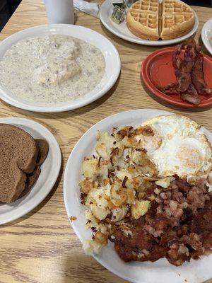 Biscuits and gravy, waffle, corned beef hash.