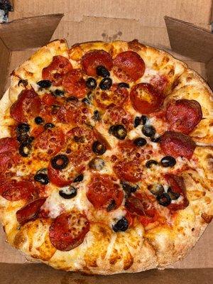 Small pepperoni and olives. Bomb.