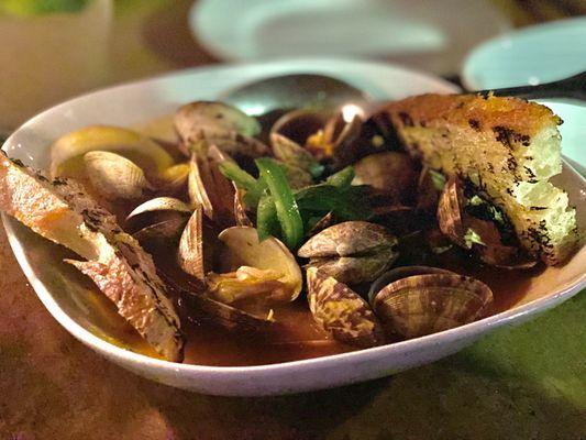 Local Fresh Clams, White Wine Broth and Crostini, Spicy Tomato Purée