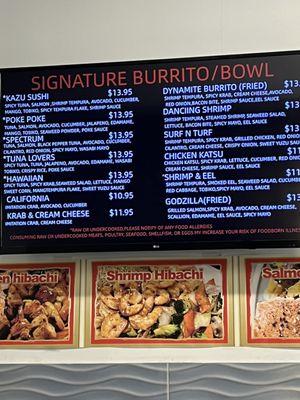 Partial menu of the rolls and bowls