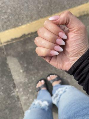 Pink and white ombré, on acrylic nails oval shape short With white gel toes