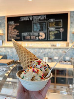 Waffle cone, bowl... why not both?  Seaside Creamery, Long Beach. Double the deliciousness awaits!