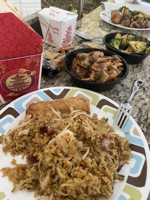 House special fried rice, chicken with mushroom and beef with broccoli. With two eggrolls.