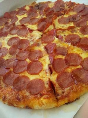 Double dough, extra sauce, extra cheese, extra pepperoni.  Best pizza you will ever have from Silver Lake Pizza, Coventry, RI