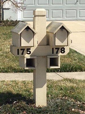 (2) Duffy house mailbox and KWF - 6x6 t-post with (2) newspaper storages and house numbers routed into the arm of the post