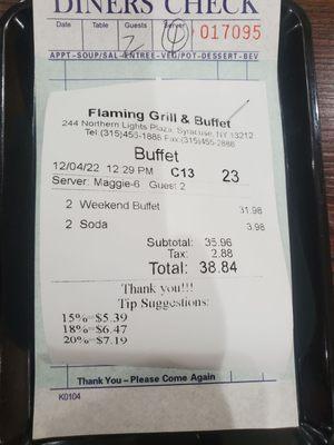 Price for 2 on the weekend.  Flaming Grill