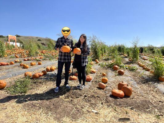 Pumpkin Patch Season - side by side with pumpkins pose