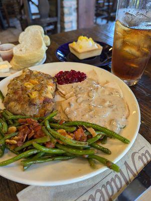 Turkey with mushroom gravy, dressing,haricots verts