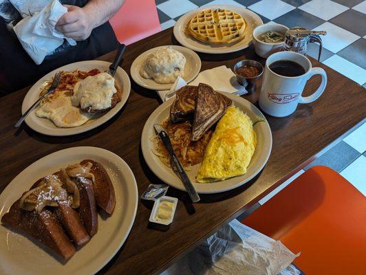 Steak and Eggs, Apple Pie French Toast, Build Your Own Omelette and Blueberry Waffle