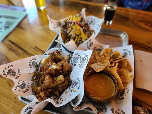 Fried Cauliflower and Leeks, Loaded Tots and Chili Con Queso