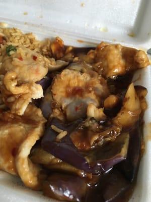 Chicken eggplant with garlic sauce over pork fried rice.