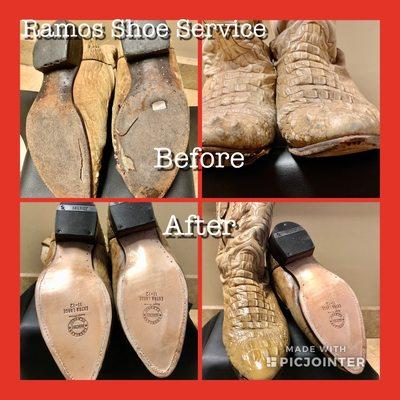 Cowboy Boot Full Sole and Heel Replacement before and after.