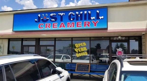 Welcome to Just Chill Creamery! Our inviting store front welcomes ice cream lovers of all ages with a vibrant and charming atmosphere.