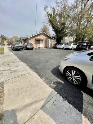 Parking lot behind building