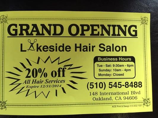 Lakeside Hair Salon 
148 International Blvd. 
Oakland, Ca 94606 
510 545-8488