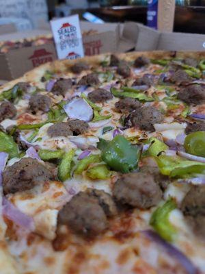 $10 3-Topping Deal Thin Crust Light Red Sauce Normal Cheese Meatballs Green Peppers Red Onions