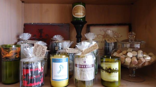 Candles made out o wine bottles!  Great for gifts.  Scented for the season. Clean cotton, cranberry, pumpkin, are some favorites