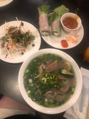 Steak and meat ball pho, Chinese bbq pork and shrimp spring roll.