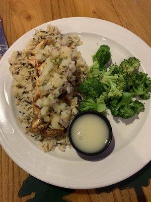 Grilled Salmon with pineapple salsa and wild rice pilaf