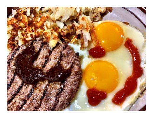 Chopped Steak w/Eggs & Hash Browns. Top View.Pancake House & Restaurant. Steak & Eggs Omelets Crepes Pancakes Salads Burgers etc.