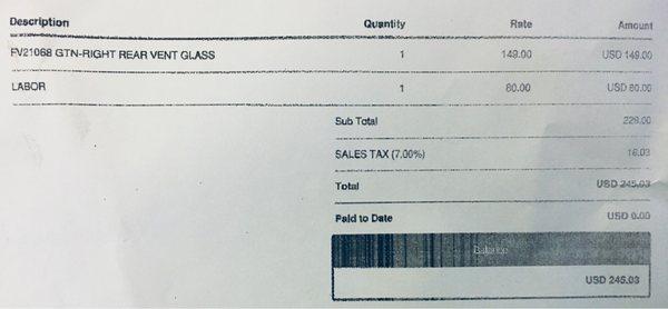 My invoice for the quarter window replacement. Well worth it.