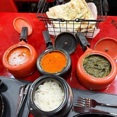 Butter Chicken, Garlic Naan, shrimp tikka masala, Saag Paneer