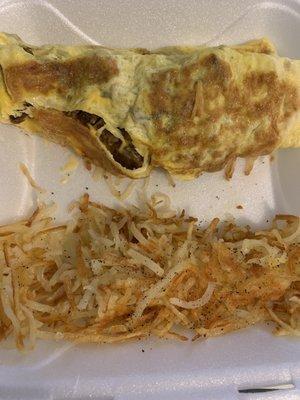 Sausage omelette and hash browns