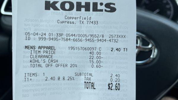 Kohl's receipt showing discount calculations.