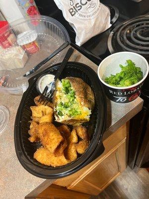 Wild-Caught Flounder with baked potato and broccoli.