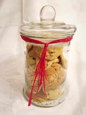 A gift ready for delivery- this jar holds 24 of our large 3 oz. cookies!