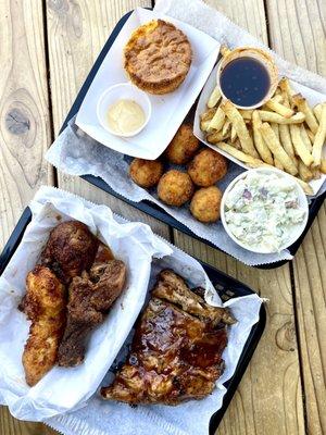 3 piece sticky chicken, half rack of ribs, fried mac & cheese balls, potato salad, french fries & cornbread