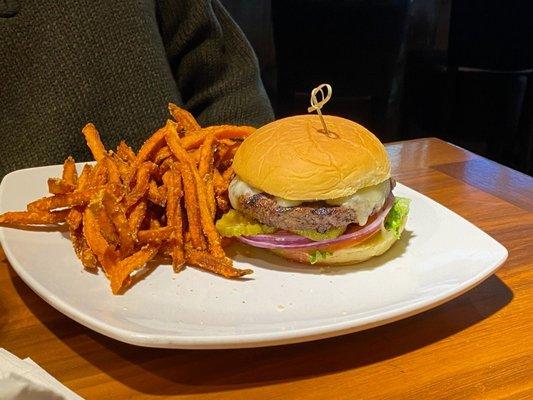 Burger with sweet potato fries