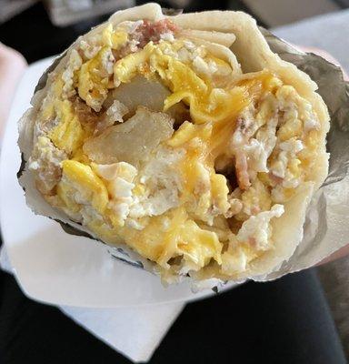 Breakfast burrito without beans, one was enough to split for breakfast.