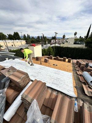 Tile roof reset, with new underlayment