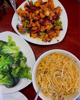 Broccoli Beef with Garlic Sauce (white garlic sauce), Dry Diced Chicken with Hot Chili, Dan Dan Noodles (stirred)