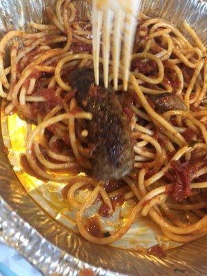 Angelos Pizza spaghetti with burned sausage