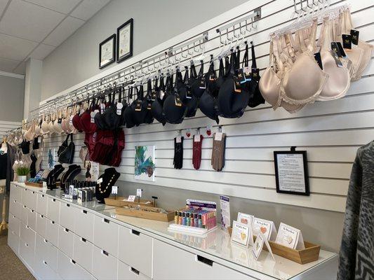 We carry a wide variety of products from bras to jewelry to hats and scarves.