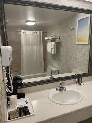 The hair dryer, sink/ counter space, & coffee maker